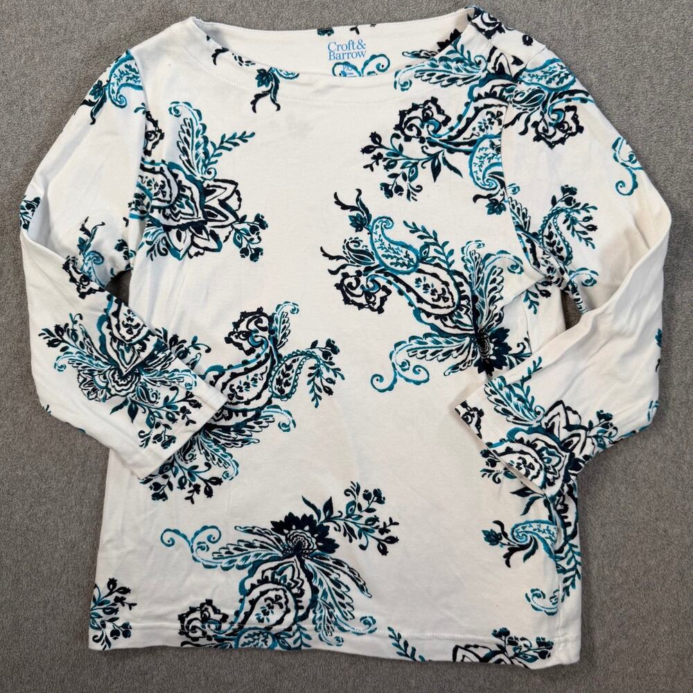 Croft & Barrow Women's PXS Petite XS White Teal Paisley Boat Neck 3/4 Sleeve Top